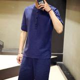夏季男士纯色棉麻短袖T恤套装加肥加大码短裤五分裤中国风潮男装