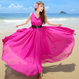 2016夏新款时尚显瘦仙女吊带V领波西米亚长裙海边度假沙滩连衣裙
