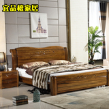 全实木床金丝黑胡桃木床厚重款真皮软靠背床现代中式储物床原木床