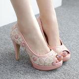 韩国女鞋正品代购16春甜美花朵刺绣亮片高跟防水台鱼嘴单鞋YL0552
