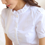 夏季短袖女衬衫韩版潮修身OL女士正装白色纯棉荷叶领职业装工作服