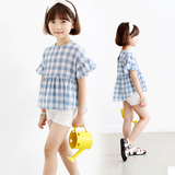 韩国女童短袖T恤夏款夏装中大童娃娃衫儿童装宝宝格子短袖上衣潮