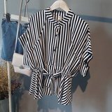 2016夏装新款韩版显瘦系带松紧腰OL黑白条纹衬衫女短袖蝙蝠袖衬衣