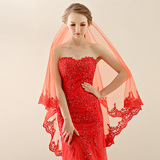 某年某月 新娘头纱婚纱新款韩式红色3米头纱超长蕾丝结婚拖尾010