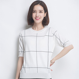 冰丝针织衫女套头短袖宽松薄款夏季2016韩版简约格子上衣女装t恤