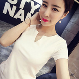 16夏季韩版新款V领大码上衣潮学生款修身显瘦短袖t恤女性感打底衫