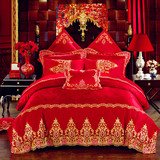 欧式婚庆四件套婚礼蕾丝刺绣贡缎纯棉结婚用床上用品大红古典婚房