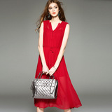 2016大红重磅真丝连衣裙夏新款夏天欧美高端大牌优雅气质修身长裙