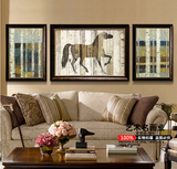 进口原版欧式美式装饰画客厅沙发墙横版挂画有框组合三联壁画挂马