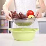 日本厨房沥水塑料洗菜篮淘米盆篮子洗水果蔬菜加厚双层蓝收纳筐碟