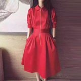 欧洲站卓雅正品代购2016春装新款韩国拉链红色蓬蓬A字连衣裙礼服