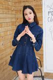 人气爆款 2016春装新款女 韩版单排扣收腰显瘦长袖牛仔连衣裙331