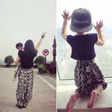 2016春夏男女宝宝黑色短款露脐上衣T恤+大象飞鼠裤儿童套装亲子装