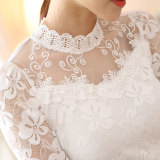 2016秋季新款韩版修身大码立领网纱蕾丝打底衫女长袖t恤女士上衣