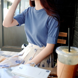 2016春秋款新款韩国正品女装代购修身中袖T恤简约纯色圆领短袖棉
