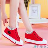 韩版大红色帆布鞋女生春季高帮隐形内增高6cm女鞋厚底松糕运动鞋