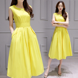 2016夏ZCY女装新款 韩版纯色圆领无袖连衣裙 气质修身高腰长裙女