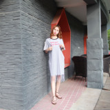 韩国首尔东大门代购2016夏季新款女装字母休闲舒适条纹流苏长T恤