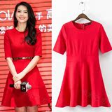 2016夏季新款女装明星同款高圆圆修身显瘦红裙子红色连衣裙A字裙