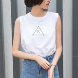 白色无袖t恤女装夏季2016韩版新款百搭简约潮印花圆领学院风上衣