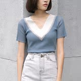 撞色v领t恤女夏季2016新款韩国个性显瘦学生百搭短袖修身针织上衣