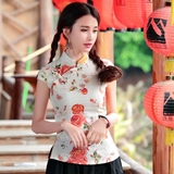 中式棉麻女装上衣2016夏季新款民族风文艺复古印花衬衫唐装茶服女