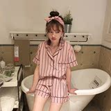 夏装韩国甜美可爱短袖衬衫睡衣女 韩版宽松条纹套装 休闲家居服潮