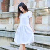 2016新款短袖棉麻连衣裙不对称中长款大码弧形宽松学生裙子夏a型