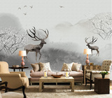 大型壁画3D立体电视沙发卧室床头书房背景墙纸北欧风黑白壁画麋鹿