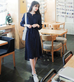 2016夏cherrykoko代购复古百搭小印花宽松式系带中长款连衣裙
