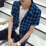 卡宾夏季新款男士纯棉格子短袖衬衫韩版修身青少年薄款衬衣男装潮