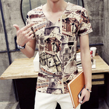 卡宾夏季新款男士V领短袖t恤全身个性印花青年韩版修身短袖t恤 潮