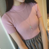 夏季新款韩版女装半高领短袖针织衫女修身紧身上衣薄款打底套头衫