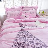 韩式简约全棉粉色纯色公主风蕾丝三四件套纯棉花边床单1.8m米床品