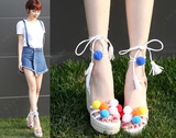 韩国女鞋正品代购2016夏季新款彩色球球绑带高跟坡跟凉鞋JM4256