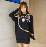 韩国原单明星同款潮牌街头个性链条钻饰印花纯棉女式黑色长款卫衣