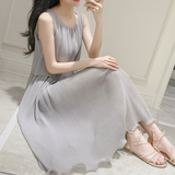 夏季新款韩版女装甜美无袖假两件雪纺连衣裙荷叶边百褶长裙背心裙