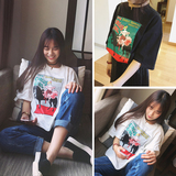 麻豆 中长款女装五分袖T恤女 韩版卡通印花打底衫 学生衣服上衣