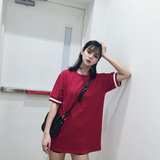 麻豆 中长款圆领t恤女 夏季短袖女装酒红色学生上衣 韩版拼接体恤