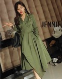 jennifer.s秋季韩版女装不规则边大牌范修身长款风衣长袖气质外套