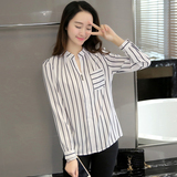 2016夏韩版竖条纹衬衫女长袖v领黑白套头修身雪纺衫OL气质上衣T恤
