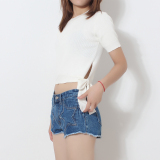 韩版夏季女装冰丝针织短袖上衣短款外穿打底衫修身显瘦蝴蝶结绑带