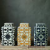景德镇陶瓷 三色手绘瓷器方罐 客厅装饰品罐子摆件 中式家居饰品