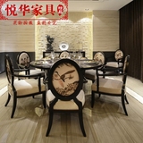 新中式印花实木餐桌椅酒店会所包间餐椅样板房样板间别墅餐桌椅