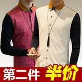 秋季男士长袖衬衫青年学生韩版时尚修身红色格子拼接潮男休闲衣服