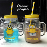 韩国创意吸管小黄人梅森杯带盖个性公鸡杯柠檬果汁饮料玻璃水杯子