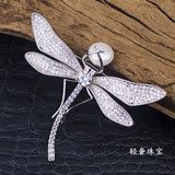 韩国高档复古饰品蜻蜓胸针 强光天然淡水珍珠镶大小锆石胸花别针