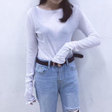kakamee韩国miss超长袖性感透视修身显瘦薄款黑白t恤女体恤衫上衣