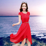 连衣裙夏季纯色气质修身显瘦中长款圆领大摆沙滩裙子
