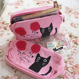 韩国进口可爱猫咪立体花朵大容量笔袋 整理包化妆品收纳包 满包邮